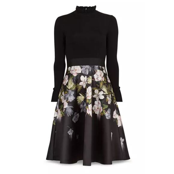 Ted Baker Nerida Floral Print Fit and Flare Contrats Dress Size S Long Sleeves - Picture 3 of 15